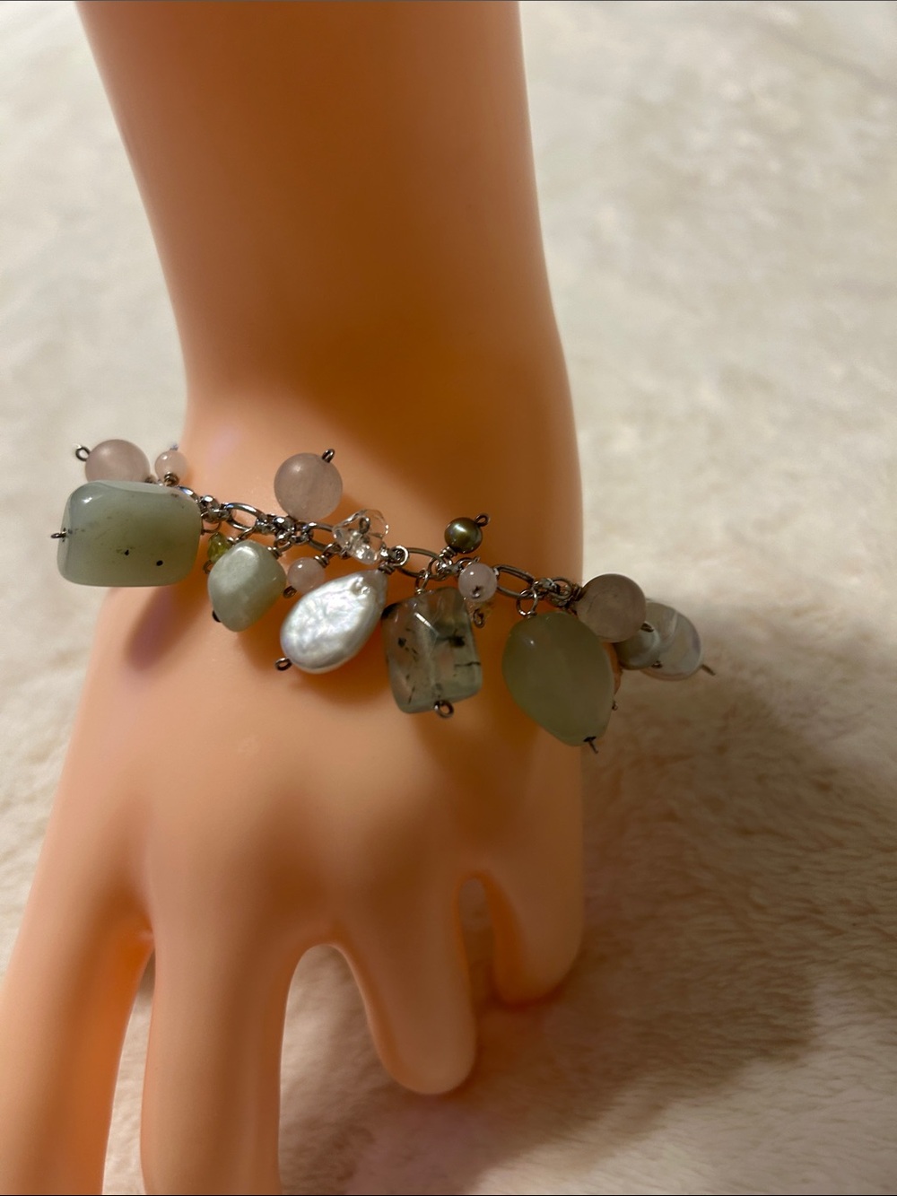 Green Jade and Pearl Charm Bracelet - Women Jewelry